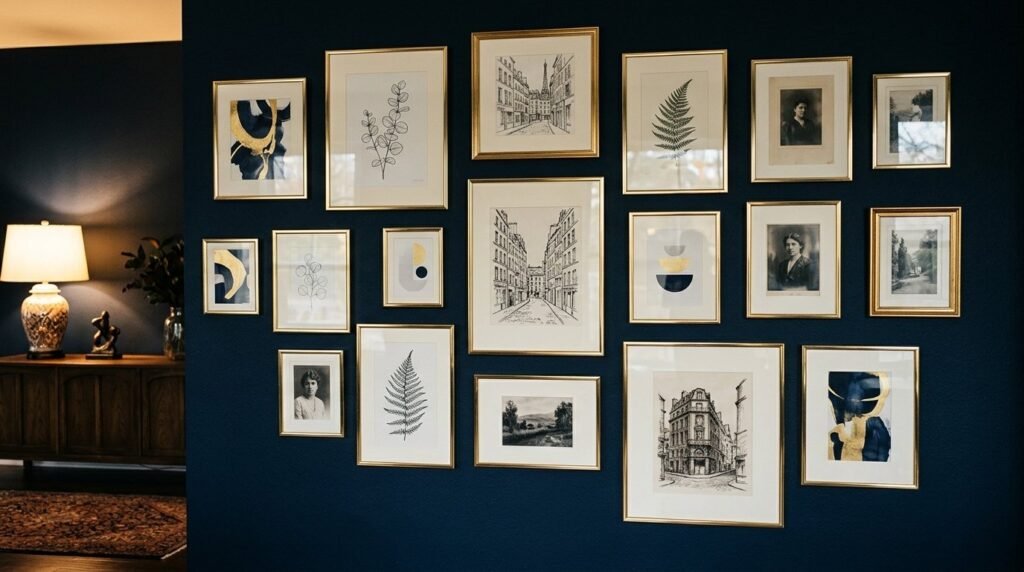 A collection of high-quality brushed brass picture frames arranged on a shelf.