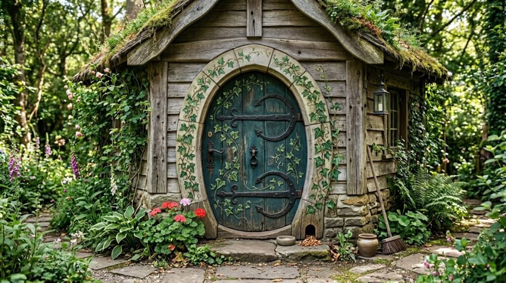 A rustic garden shed illuminated by warm glowing fairy lights at night