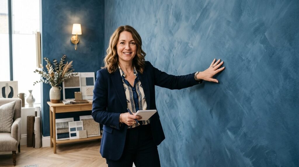 Professional interior designer reviewing modern design swatches and floor plans in a bright home office.