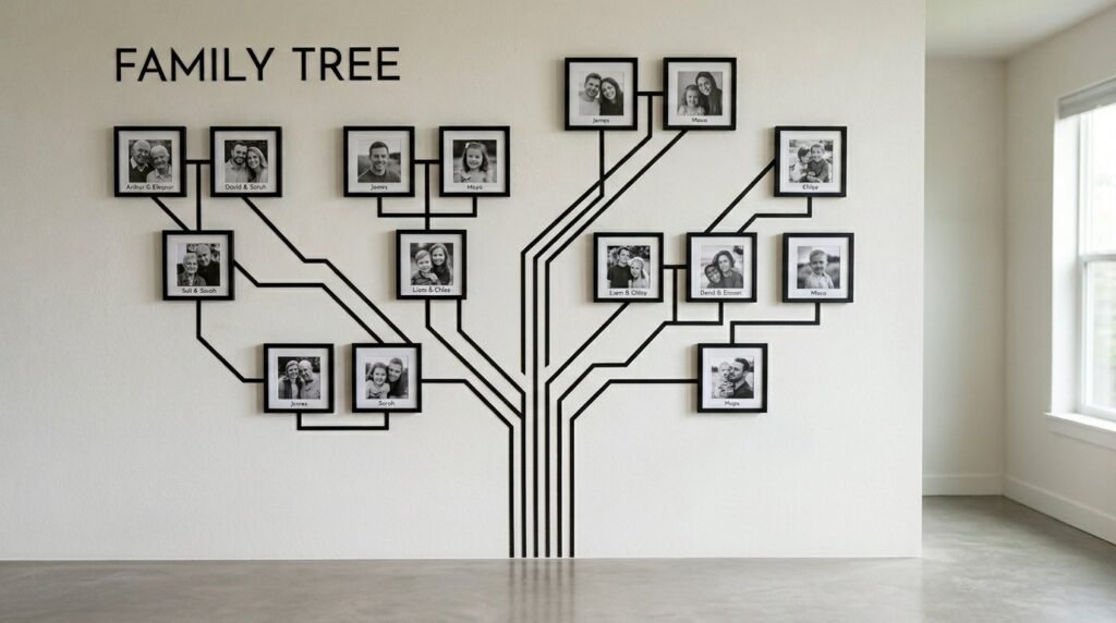 A beautiful family tree wall art installation displayed on a neutral living room wall.