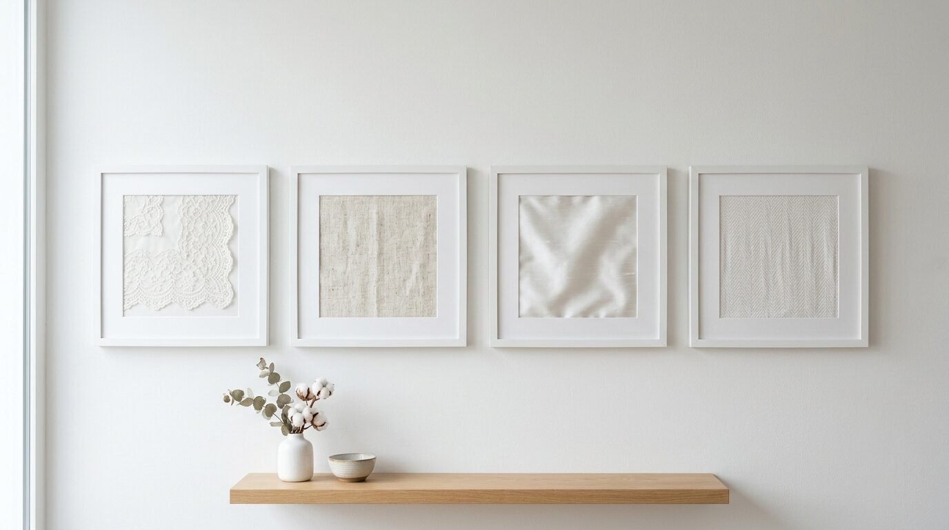 Four square white frames displaying different white and beige fabric textures on a minimalist wall with a floating shelf.
