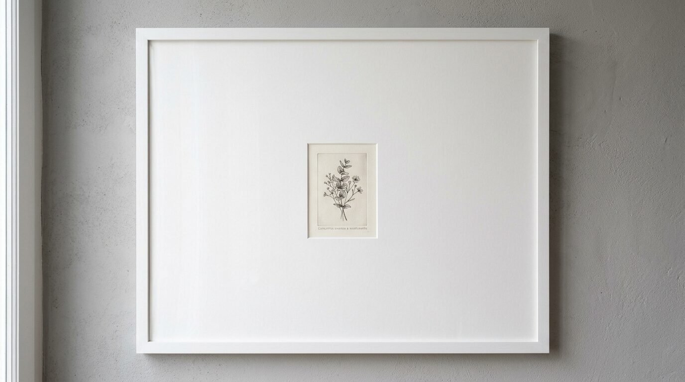 A small black and white botanical sketch centered inside a large white mat and thin white frame on a grey wall.