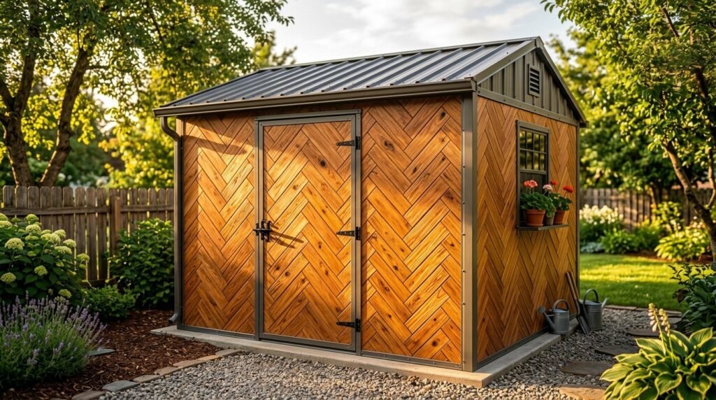 A newly painted metal shed standing in a well-maintained garden backyard.