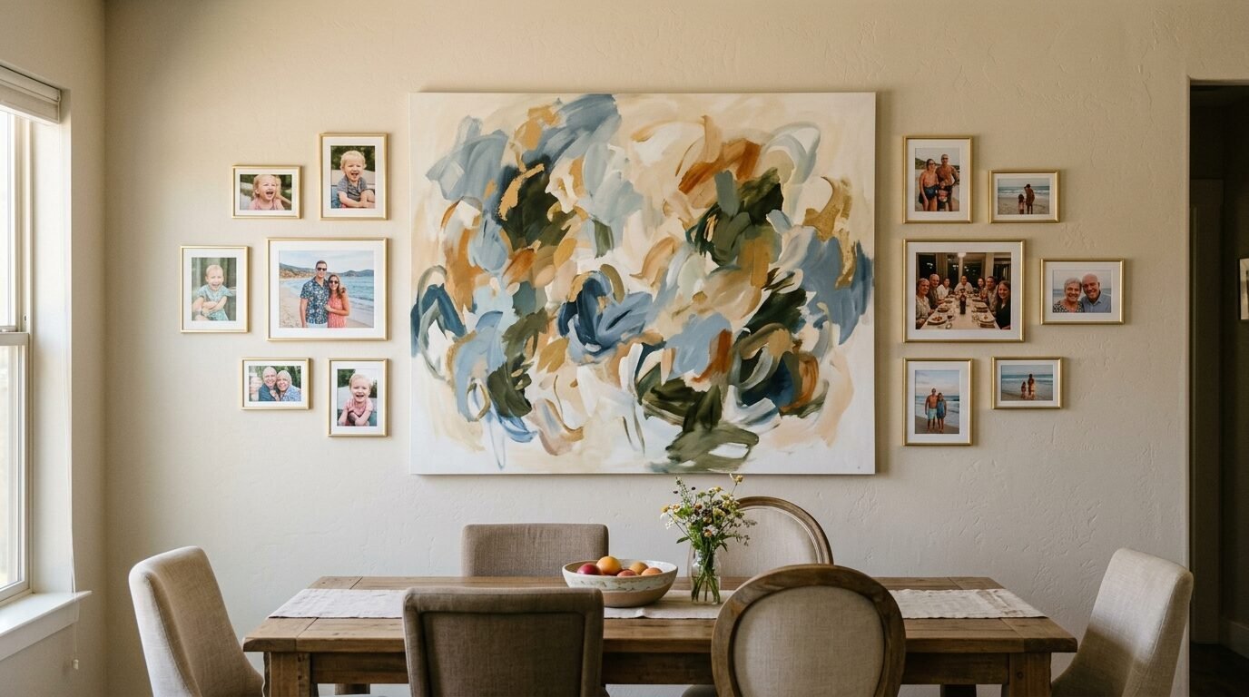 A beige dining room wall featuring a central abstract painting flanked by multiple family photographs in gold frames.