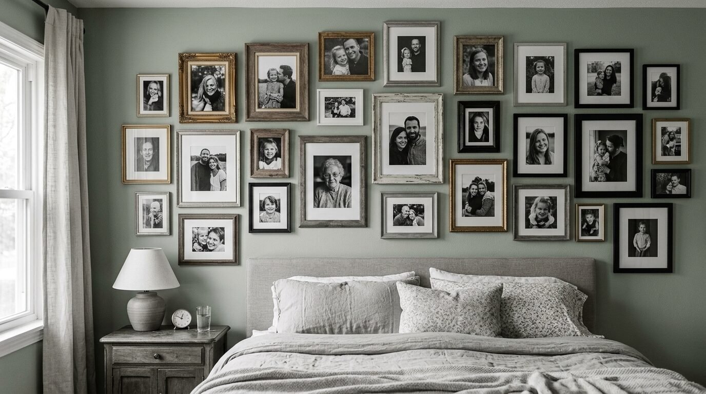 A sage green wall featuring a large collection of framed black and white portraits hanging over a neutral bed.