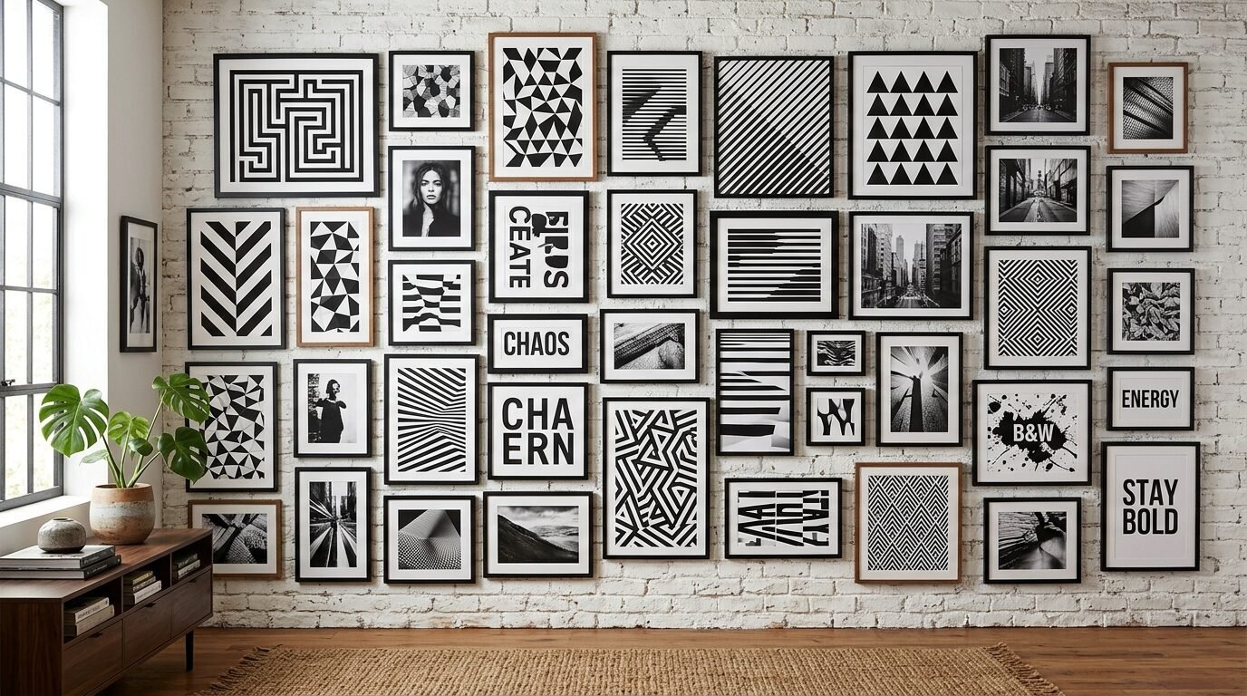 Many framed monochrome prints and graphic art pieces arranged in a dense grid on a textured white brick wall.