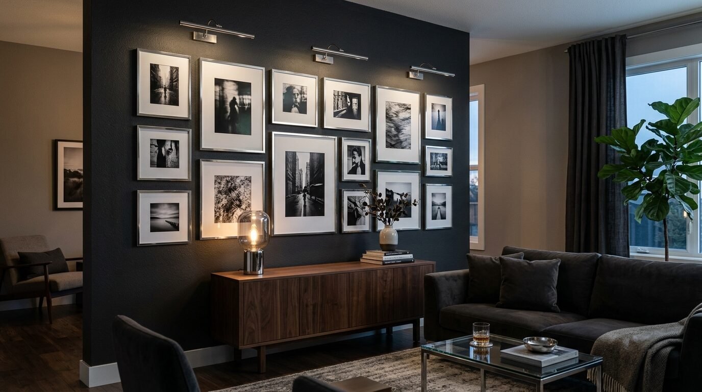A dark accent wall adorned with a curated collection of black and white photographs illuminated by picture lights.