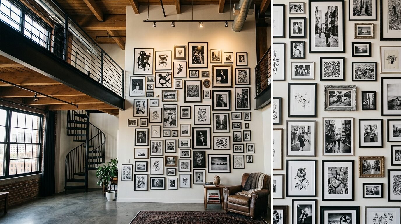 A large cream-colored wall covered with framed black and white art prints, next to a leather armchair in a loft.