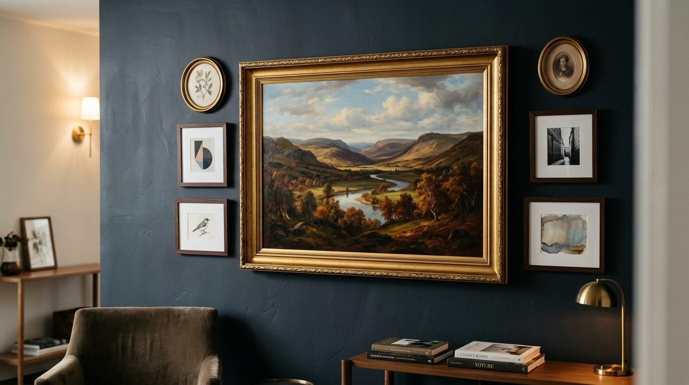 A large gold-framed oil painting of a river valley surrounded by smaller framed artwork on a charcoal wall.