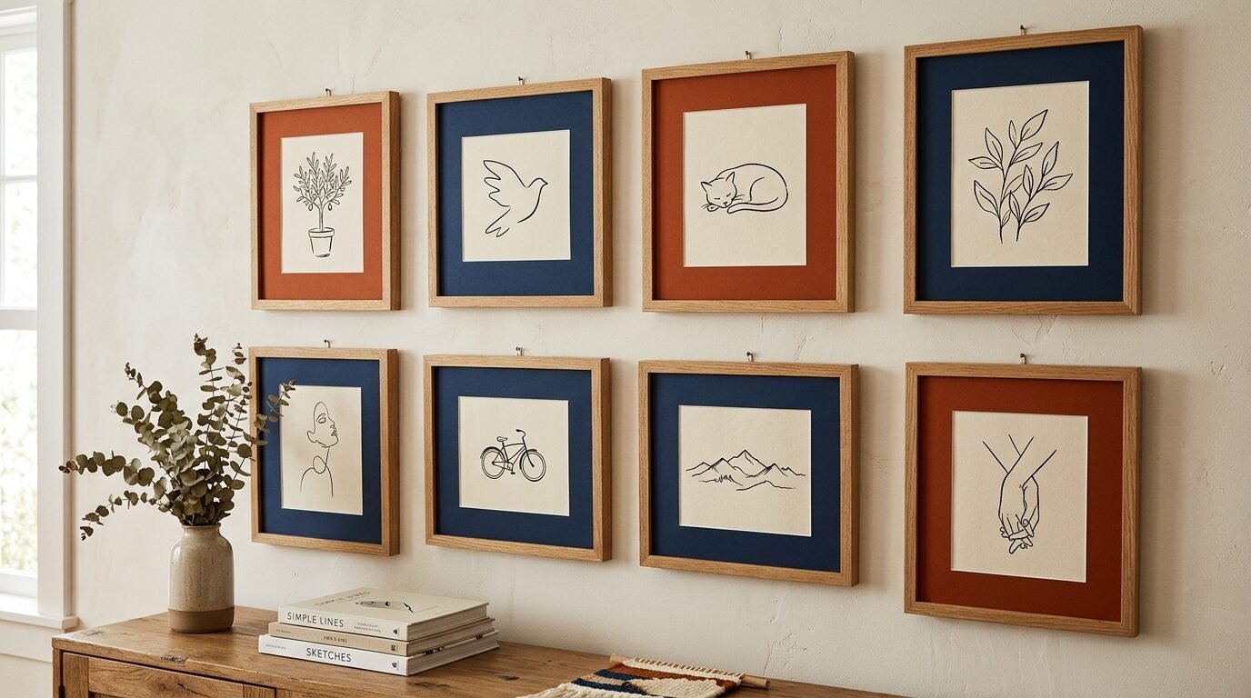 Eight square wooden frames containing simple black line drawings hung in two rows on a cream-colored textured wall.