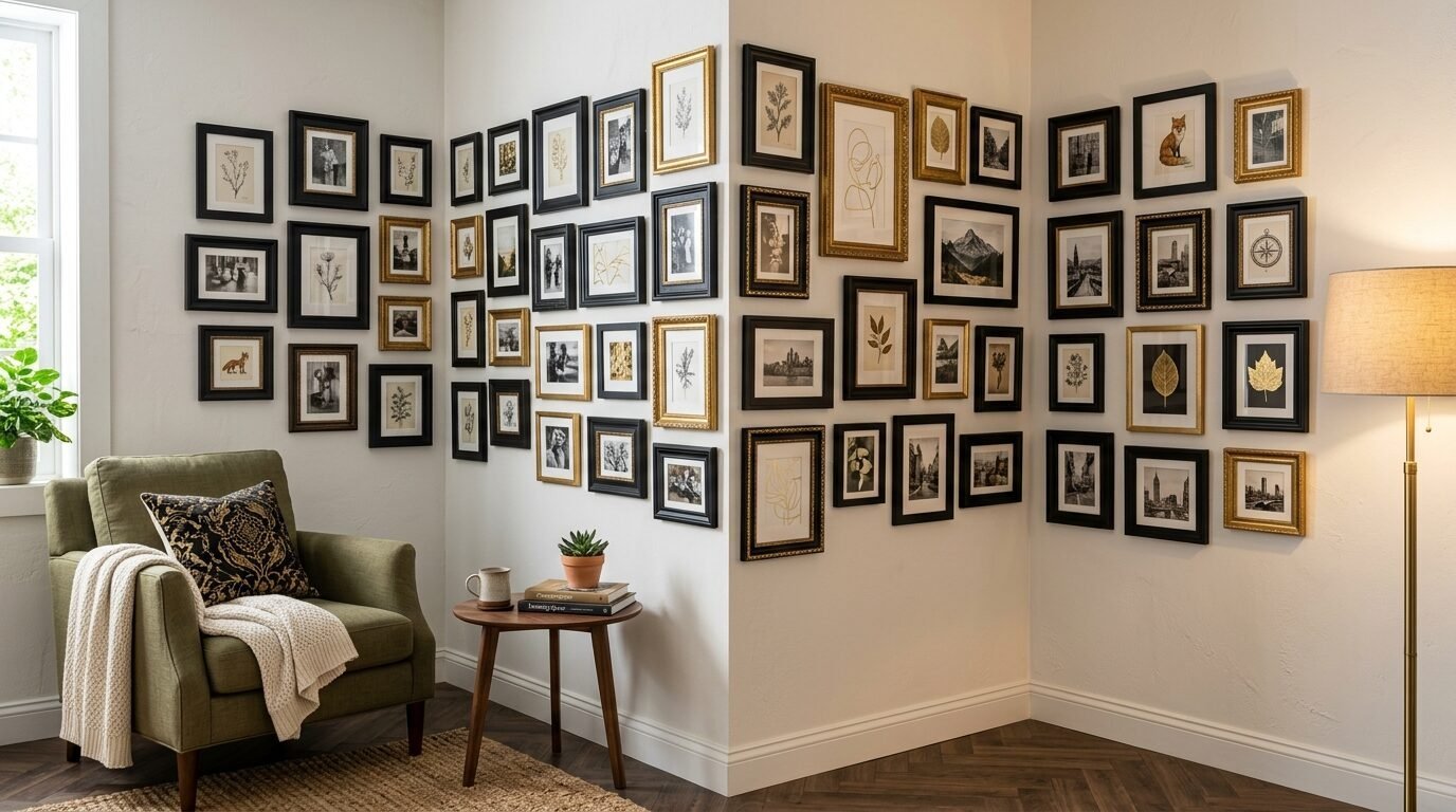 An olive chair with a patterned pillow sits next to a large corner wall display of varied framed art prints.
