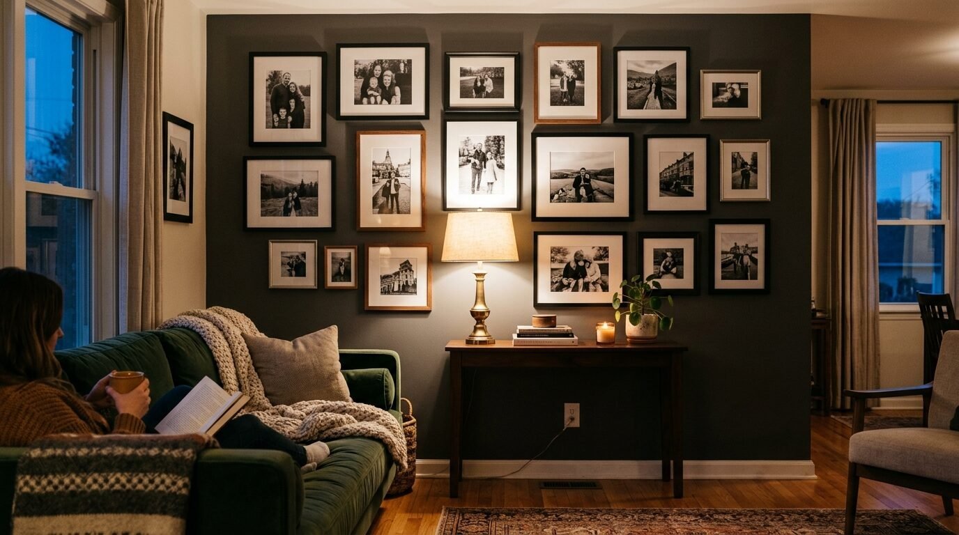 Person reading on a green couch next to a wall decorated with multiple framed monochromatic family photographs.