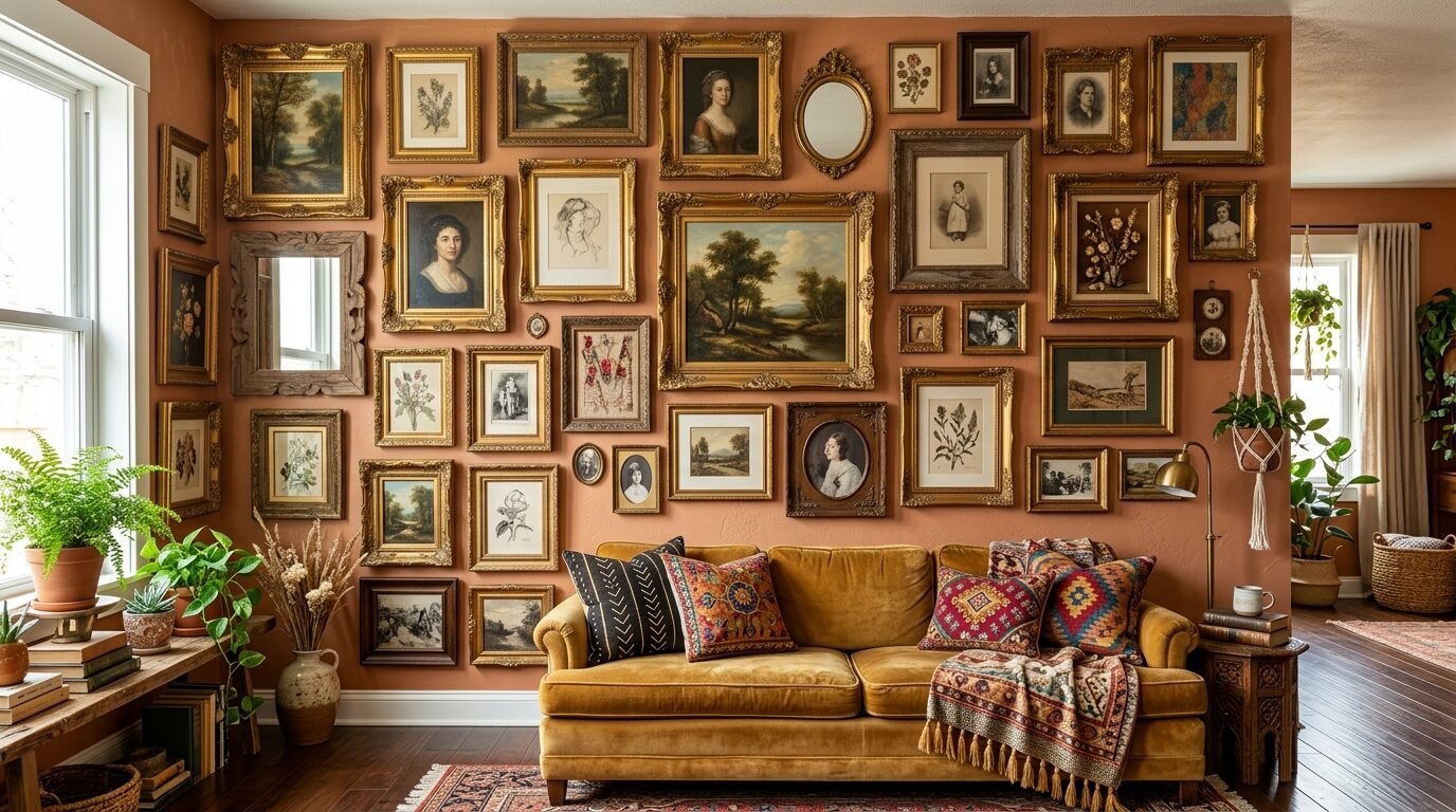 Mustard couch with patterned pillows against a terracotta wall displaying various antique framed portraits and landscapes.