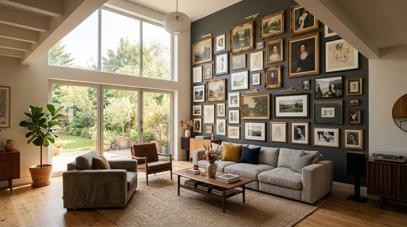 A beige sectional sofa sits before a dark accent wall covered in various framed paintings and sketches.