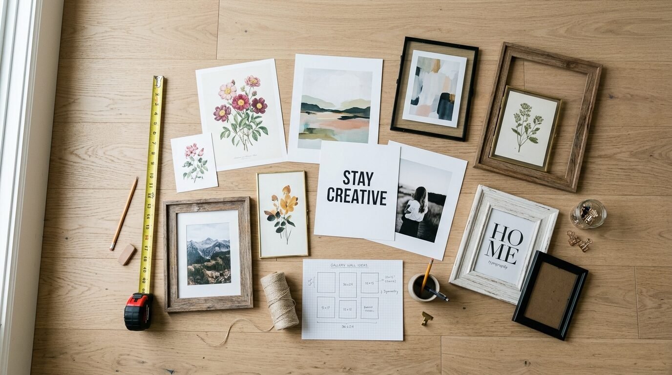 Art prints, empty frames, measuring tape, and a sketch plan arranged on a wooden floor for wall decor project.
