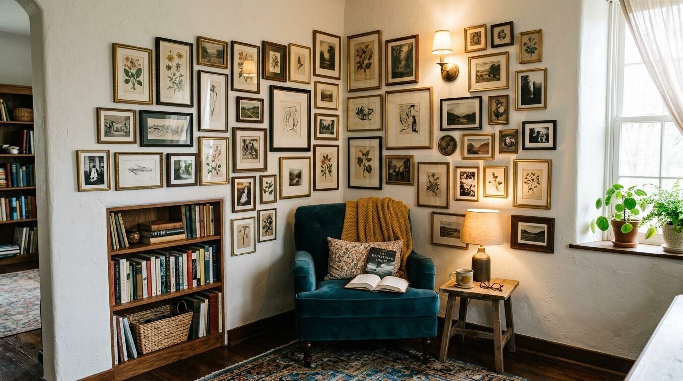 A navy blue velvet armchair sits beneath a large wall covered in assorted framed botanical and landscape art prints.