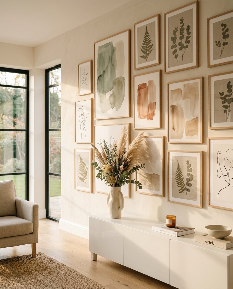 A beige wall decorated with a gallery of botanical and abstract art prints above a white sideboard and vase.
