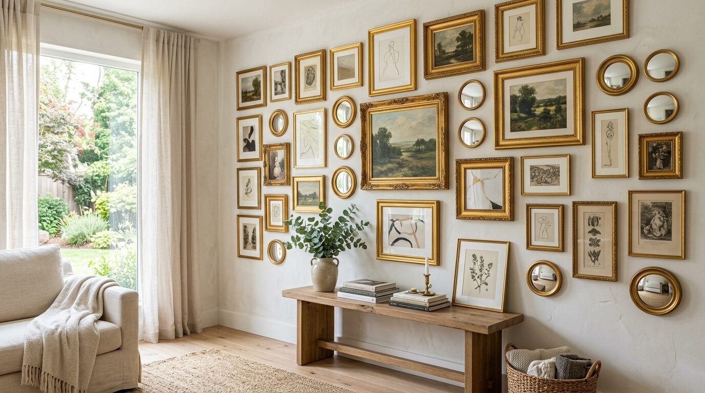 A large collection of mismatched gold-framed art and circular mirrors arranged on a white living room wall.