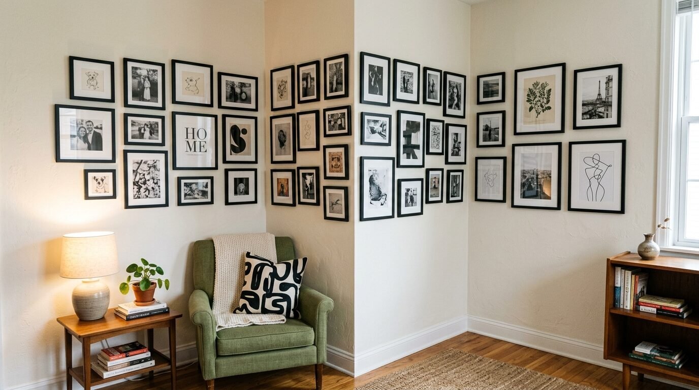 A sage green armchair sits in a corner below a large gallery wall of various framed black and white art prints.