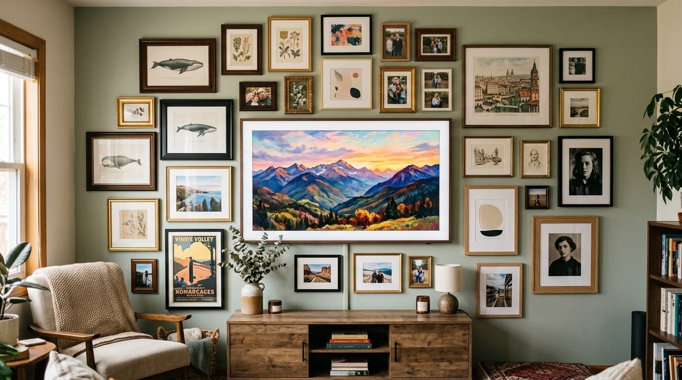 Living room wall featuring a central landscape TV screen surrounded by many framed photographs and paintings.