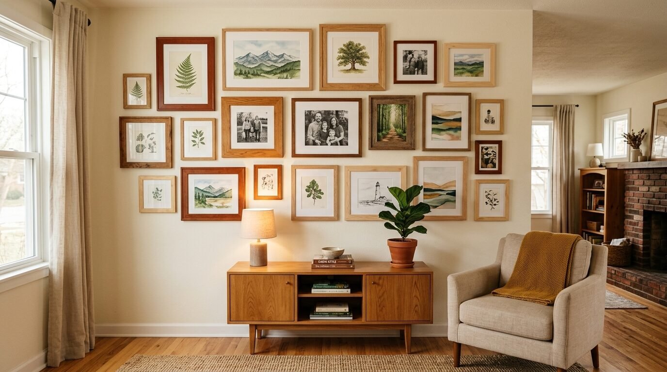 A beige wall decorated with various framed botanical prints and family photos above a mid-century style wooden cabinet.