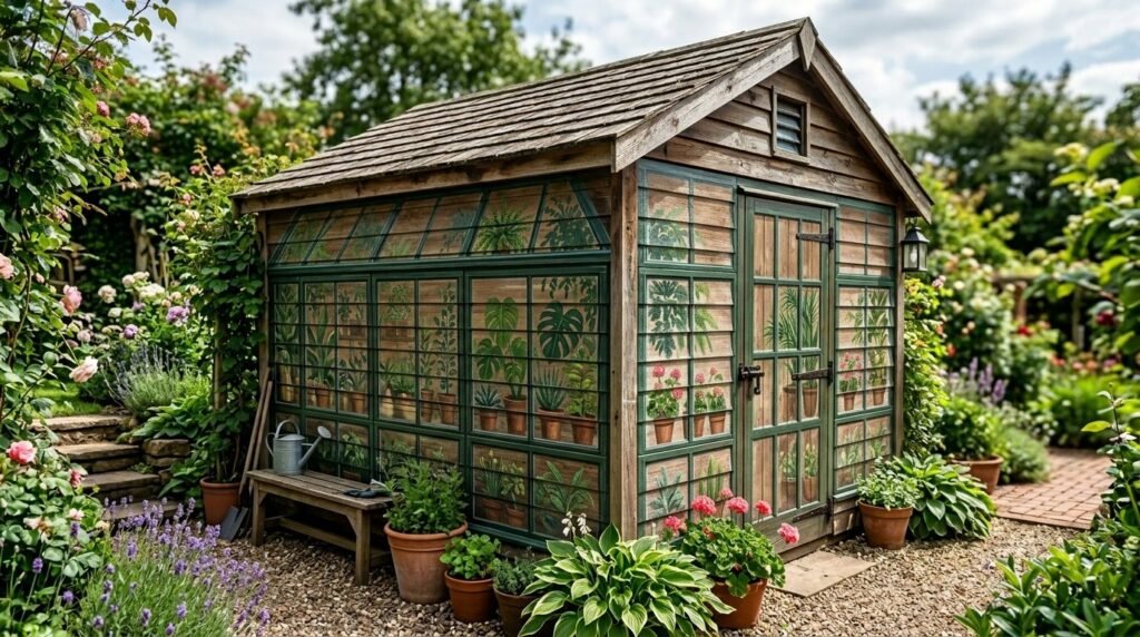 A wooden garden shed painted with a colorful and detailed artistic mural in a backyard setting.
