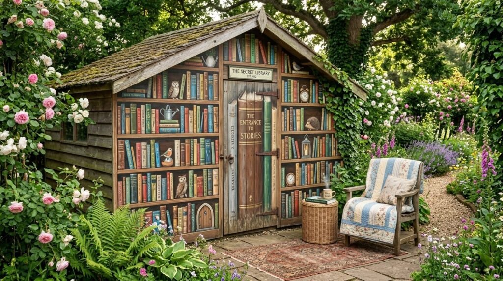 A backyard garden shed featuring a colorful and unique artistic mural painted on its exterior walls.