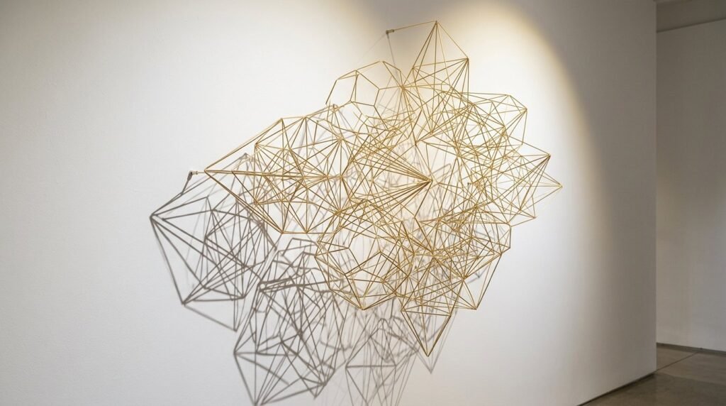 Modern minimalist abstract geometric metal wall sculpture with sharp angles and metallic finish.