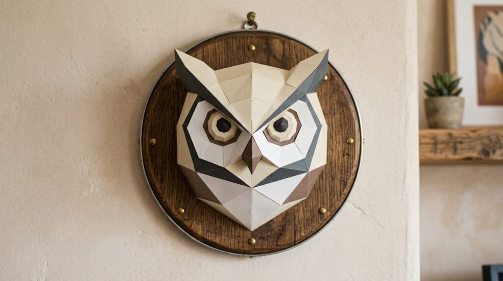A close up view of a handmade geometric papercraft owl head sculpture in white cardstock.