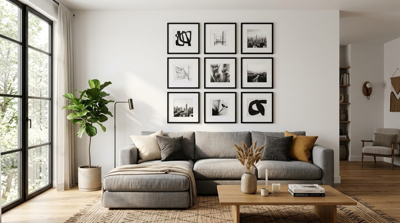 Contemporary grey sofa with a gallery wall of black and white art in a bright, minimalist living room.