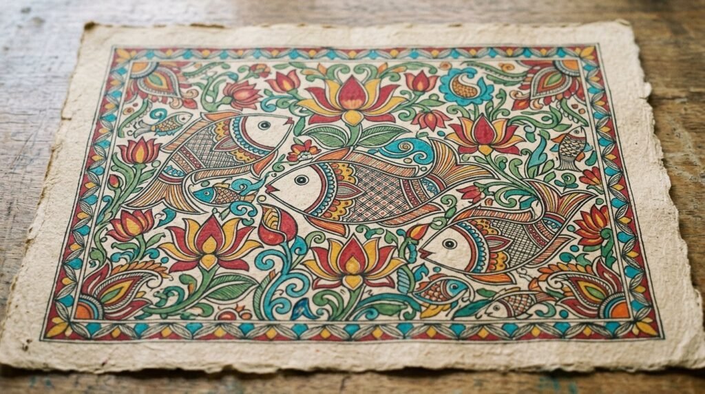 Close up view of intricate hand painted Madhubani folk art featuring traditional vibrant patterns.