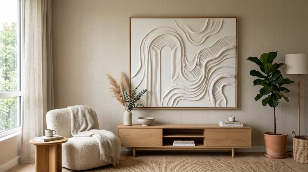 Close up detail of a textured white clay relief sculpture on a neutral background.