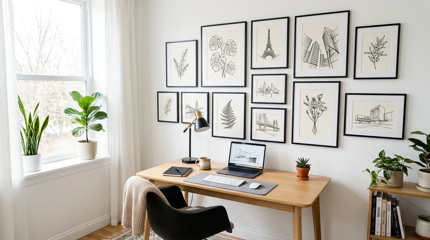 A wooden desk with a laptop and lamp below a wall decorated with framed black and white architectural art prints.