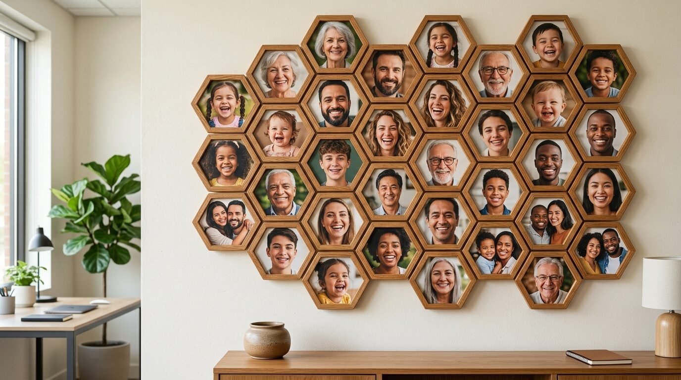 Many hexagon shaped frames arranged in a cluster on a wall containing smiling portraits of various people.