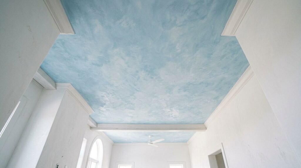 A close up shot of a wall featuring a soft ice blue limewash paint texture.