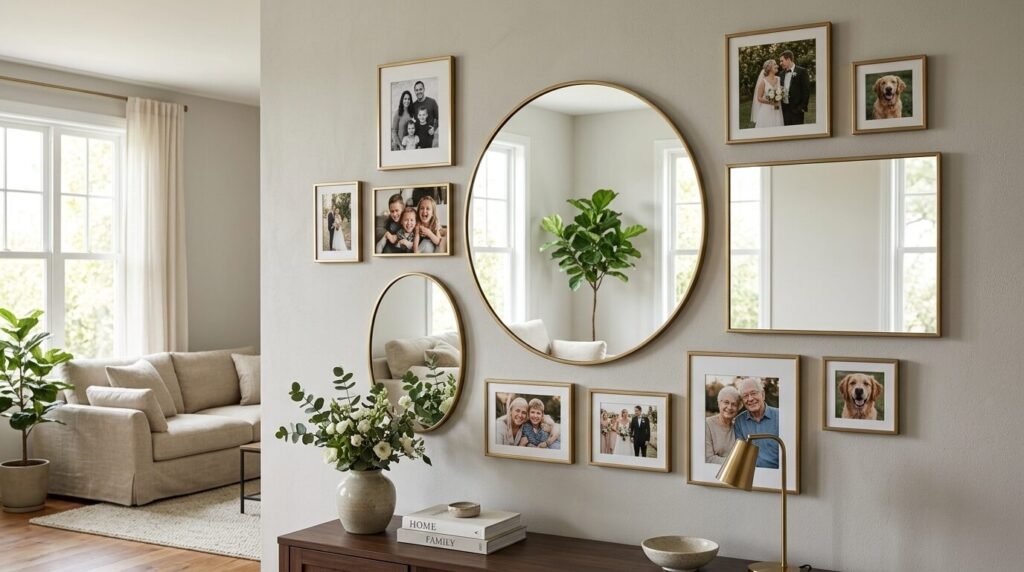 A woman positioning paper templates on a wall with a red level before hanging picture frames.