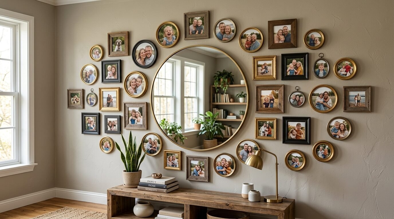 Gallery wall featuring a large round gold mirror centered among various square and oval family portrait frames.