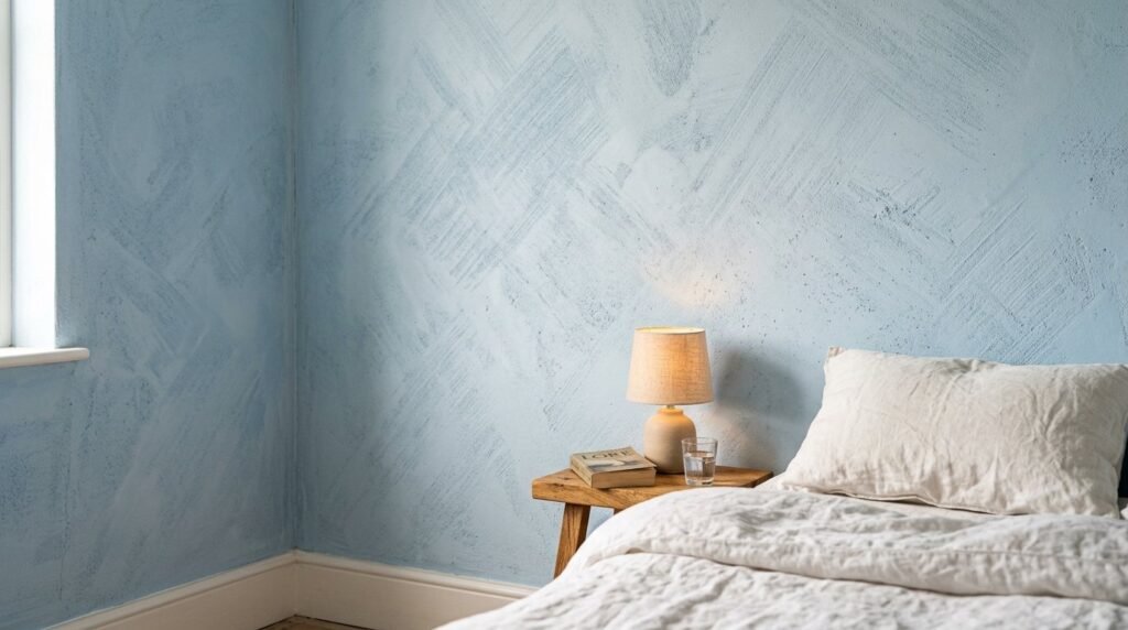 A close up view of a textured light blue limewash painted wall surface.