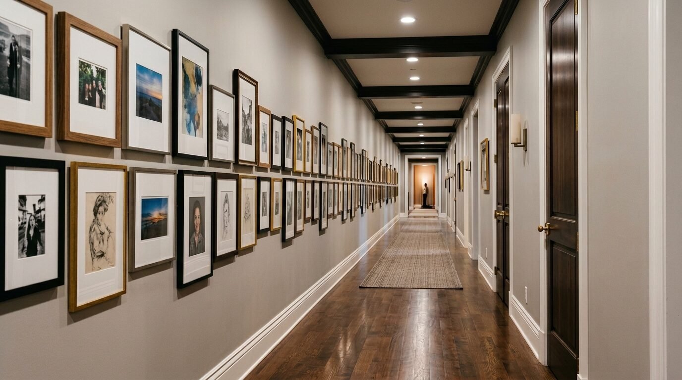 Spacious corridor with dark wood floors, ceiling beams, and a long wall filled with various framed photographs.