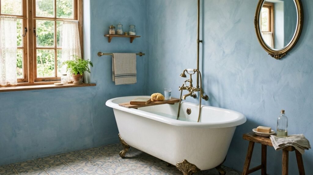 A bright and elegant bathroom interior featuring a classic white clawfoot tub as the centerpiece.