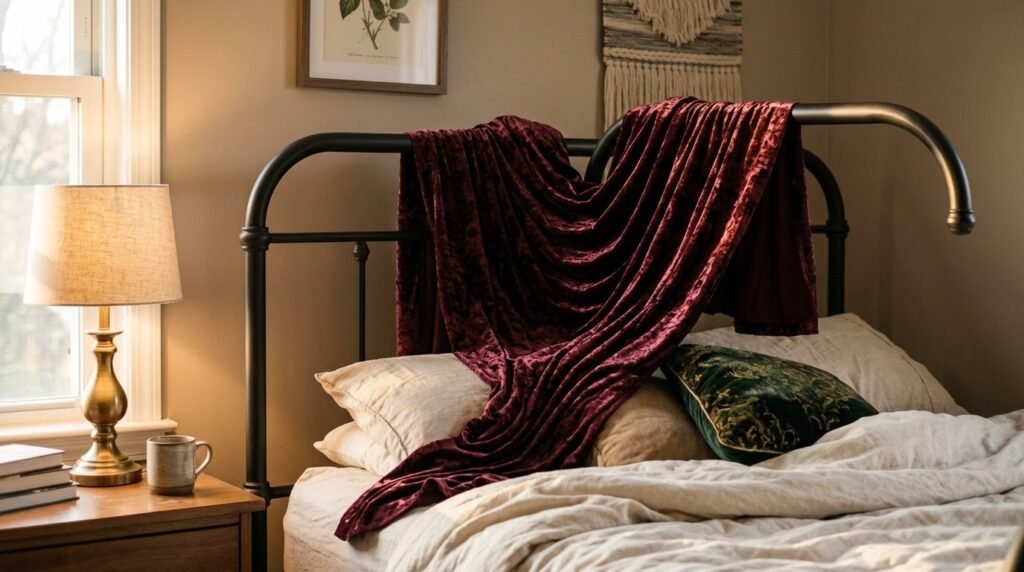 Close up shot of rich burgundy velvet fabric draped in elegant folds