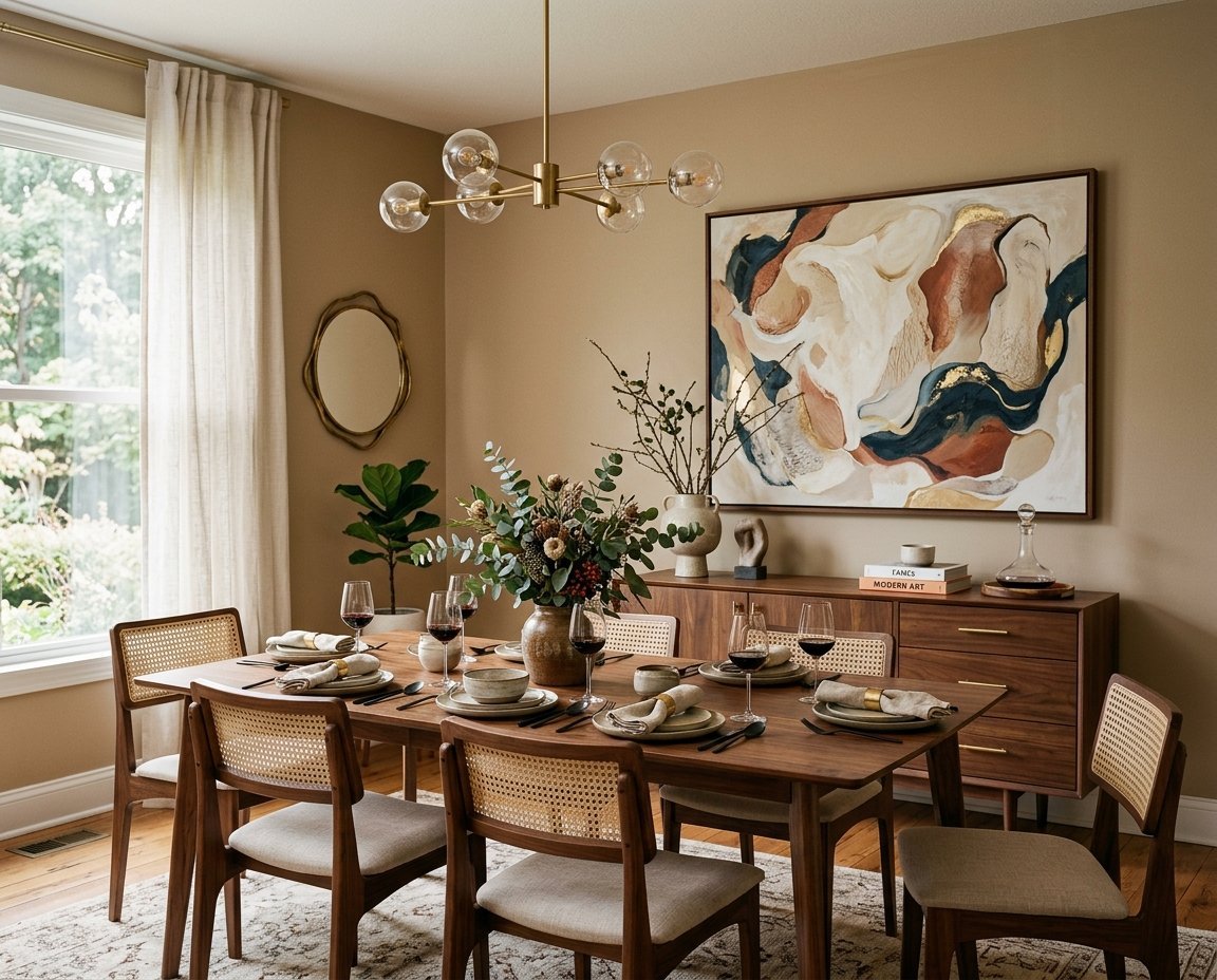 A warm-toned dining area with a wood table, cane-back chairs, gold chandelier, and a large abstract painting on the wall.