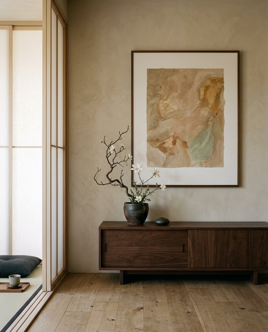 A beige wall features a framed textured painting over a dark wood sideboard with a blooming flower branch in a vase.