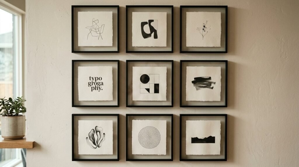 A set of minimalist black photo frames arranged symmetrically on a clean gallery wall.