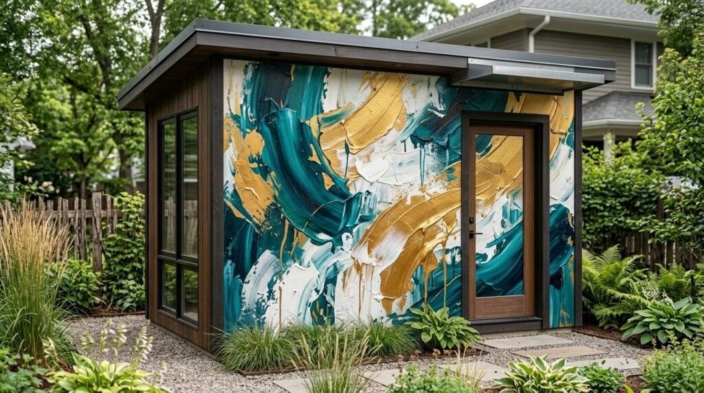 A stylized abstract perspective of a modern outdoor storage shed structure with clean geometric lines.