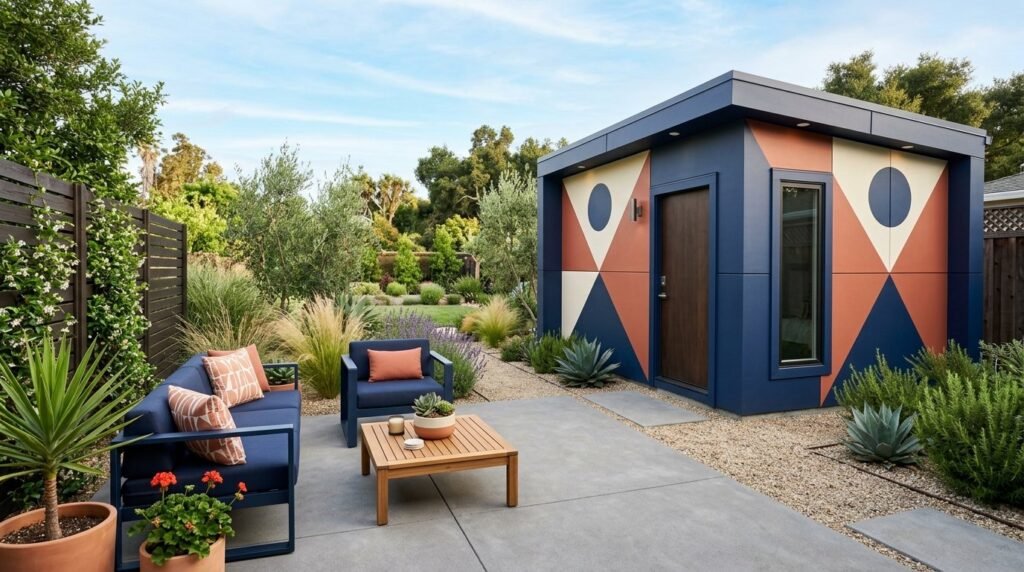 A sleek modern backyard shed with minimalist architectural design and clean lines.