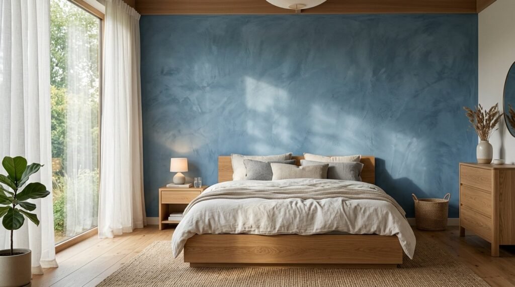 A beautifully designed modern bedroom interior with stylish blue color accents and comfortable bedding.