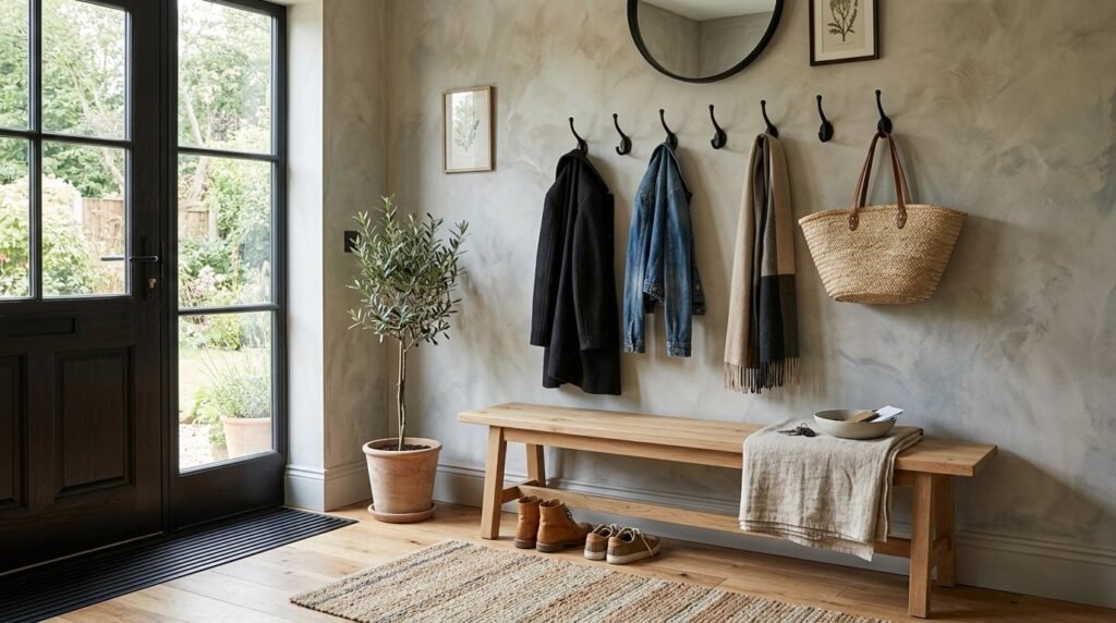 A bright and welcoming home entryway decorated in stylish beige color palettes.