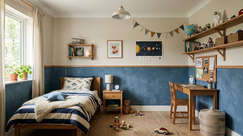 A modern boys bedroom featuring a stylish two tone wall paint design and contemporary furniture.