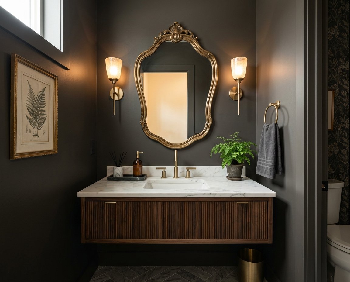 A dark-walled powder room featuring a fluted walnut floating vanity, white marble countertop, and ornate gold mirror.